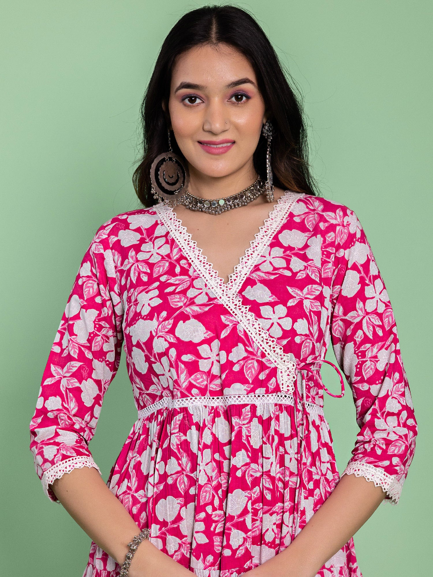 Pink Cotton Flared Floral Printed Angrakha Kurta Set